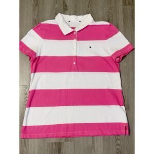 Tommy Hilfiger Y2K Polo Golf Shirt Size Large Pink White Striped Heritage Preppy